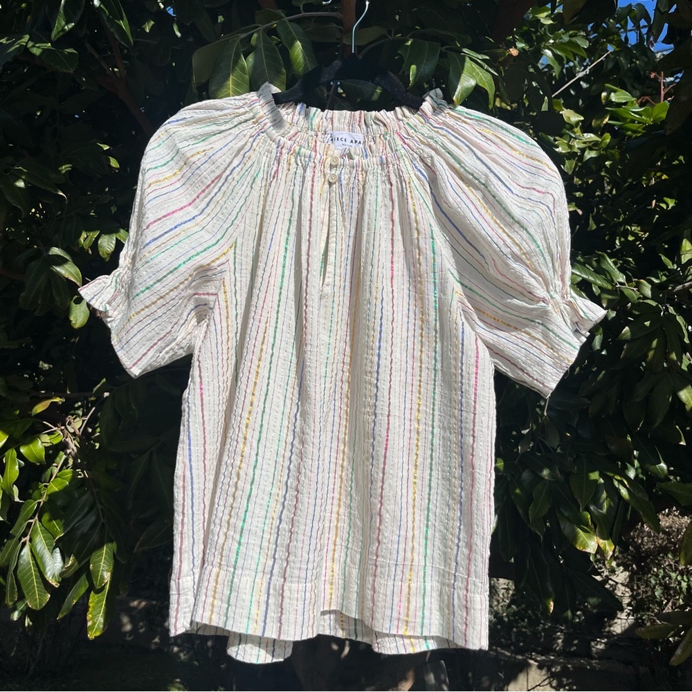 APIECE APART ivory‎ cream rainbow metallic striped off shoulder cropped blouse